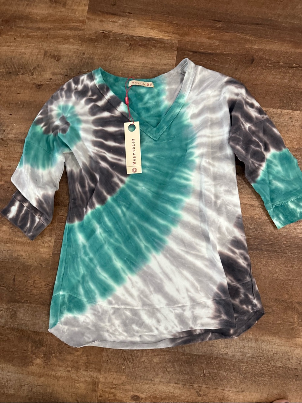 Tie-Dye V-Neck Long Sleeve Top in Teal & Gray by Marigold